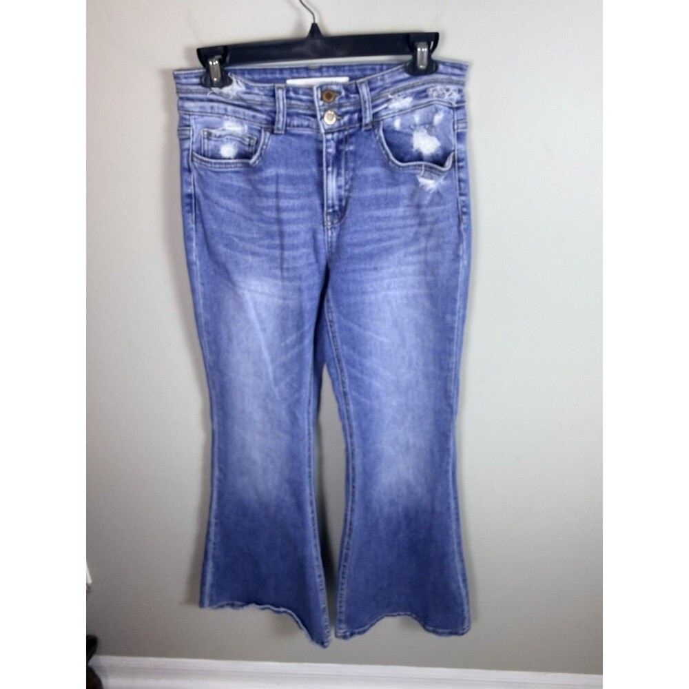Bridge By Gly Womens Jeans Size 29 Blue Mid Rise Flare Distressed Stretch